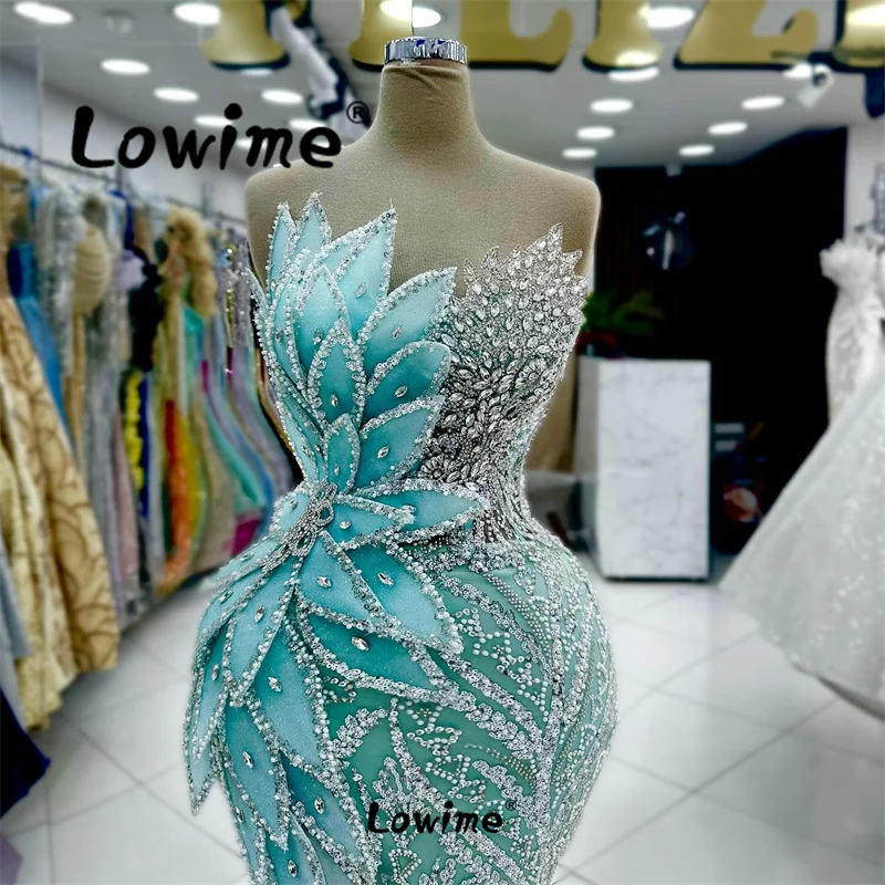 Amazing 3D Leaf Mermaid Prom Dresses Sparkly Crystals Arabic Evening Dress Customized Aso Ebi Party Dress Second Reception Gowns