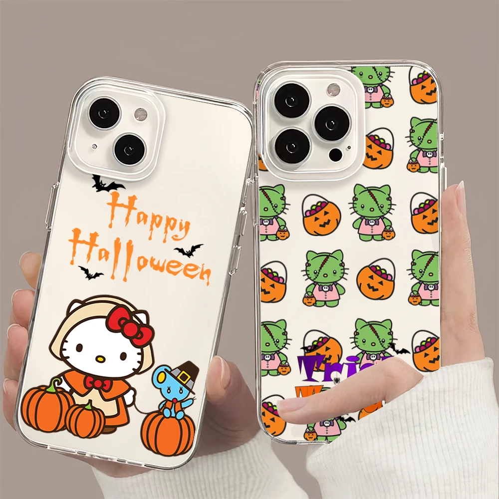 MINISO H-HelloKitty Kawaii Halloween Pumpkin Phone Case For iPhone 11 13 16 15 14 12 Pro Max Plus Clear Transparent Soft Shell