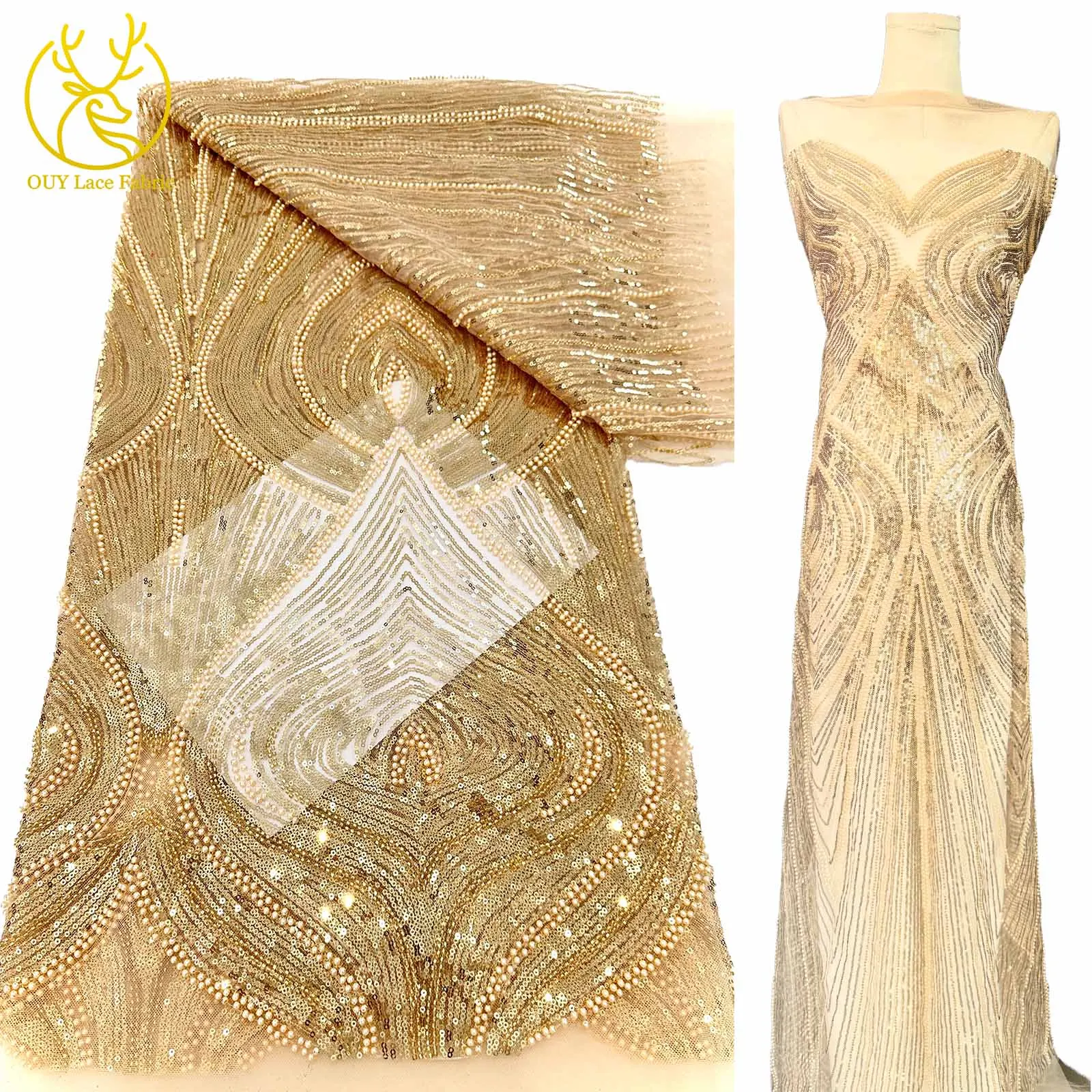 

Latest Golden African Sequined Lace Fabric 2025 Nigeria French Tulle Beaded Embroidered Lace Party Banquet Luxury Dress 5 Yards