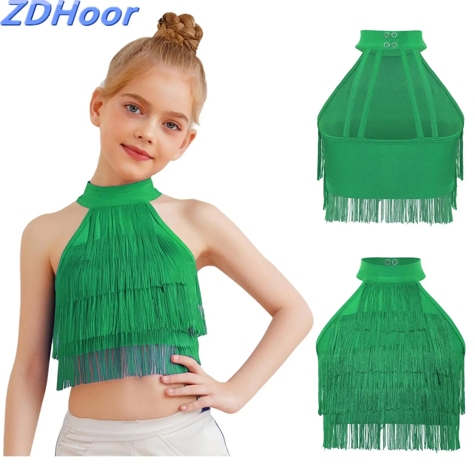 

Kids Girls Tassels Latin Vest Costume Fringe Crop Top Sleeveless Strappy Back Tiered Dance Vest