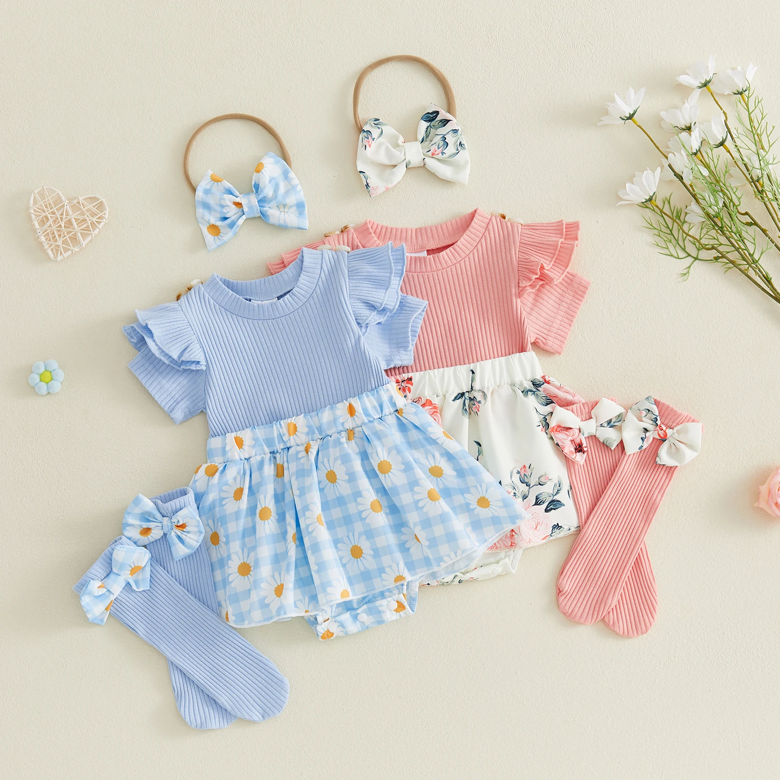 Baby Girl Summer Outfits Faux Two-piece Design Daisy Print Plaid Short Sleeve Romper Dress Bow Headband Stockings Set
