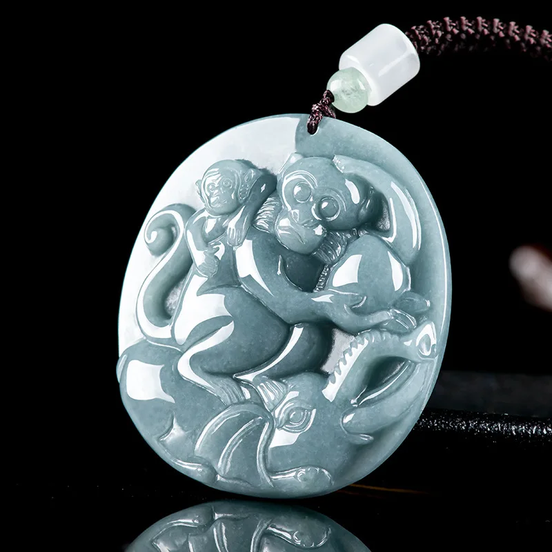 Natural A-grade Jadeite Blue Water Auspicious Seal Worship Jade Pendant High End Men's Charms Women's Jewelry Drop Shipping