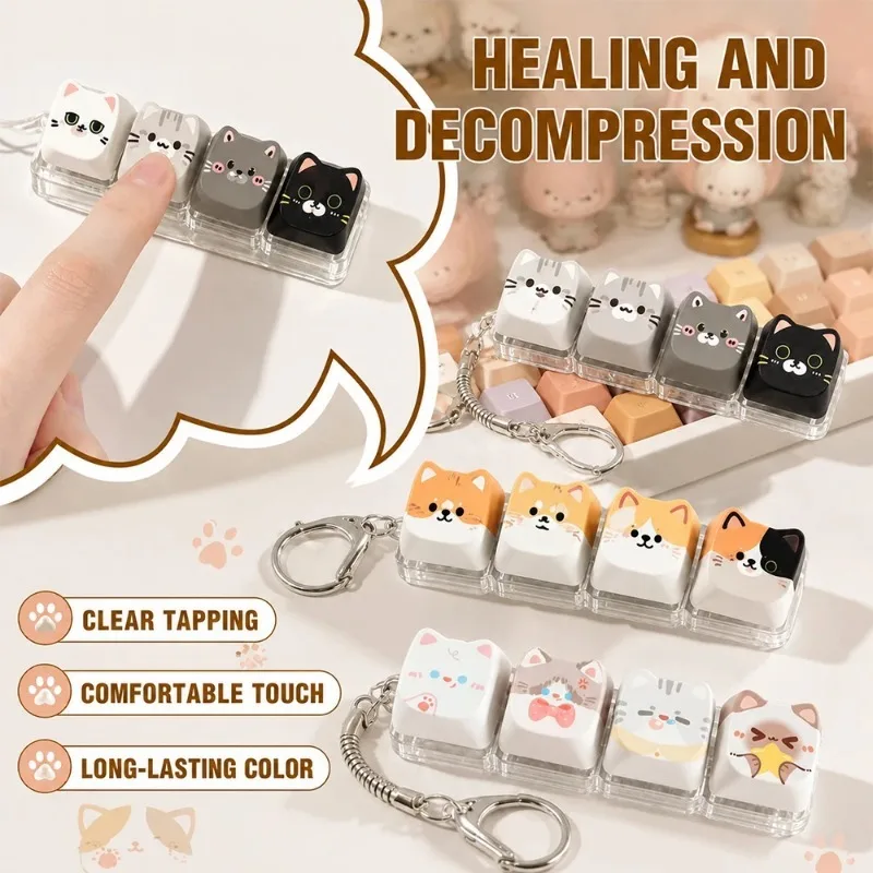 Keycap de botão relaxante de gato fofo, fidget de teclado de 4 teclas de gato kawaii para presente de amigos, chaveiro fidget portátil, acessório de moda para bolsa