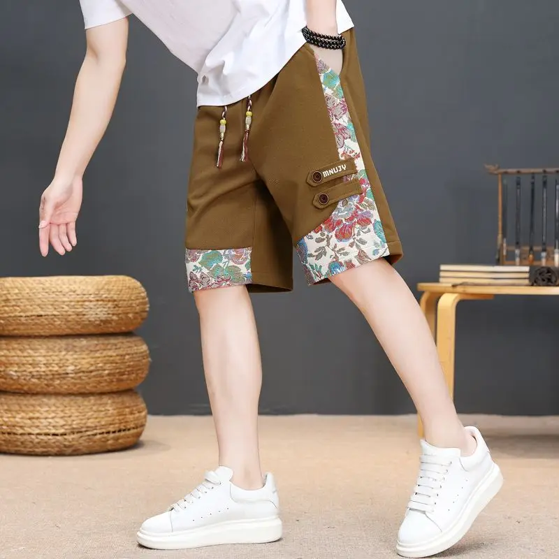 High Street Trend Summer Men's Elastic Waist Drawstring Printing Pocket Fashion Casual Loose Knee Length Wide Leg Straight Pants