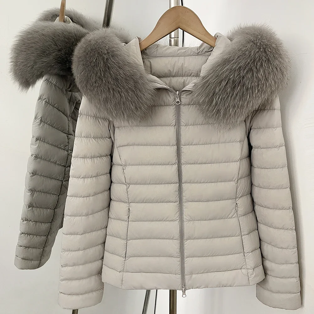 OFTBUY Goose Down Real Fox Fur Collar Lightweight Quilted Zip Up Clothes New Winter Puffer Coat Women Short Hooded Down Jacket