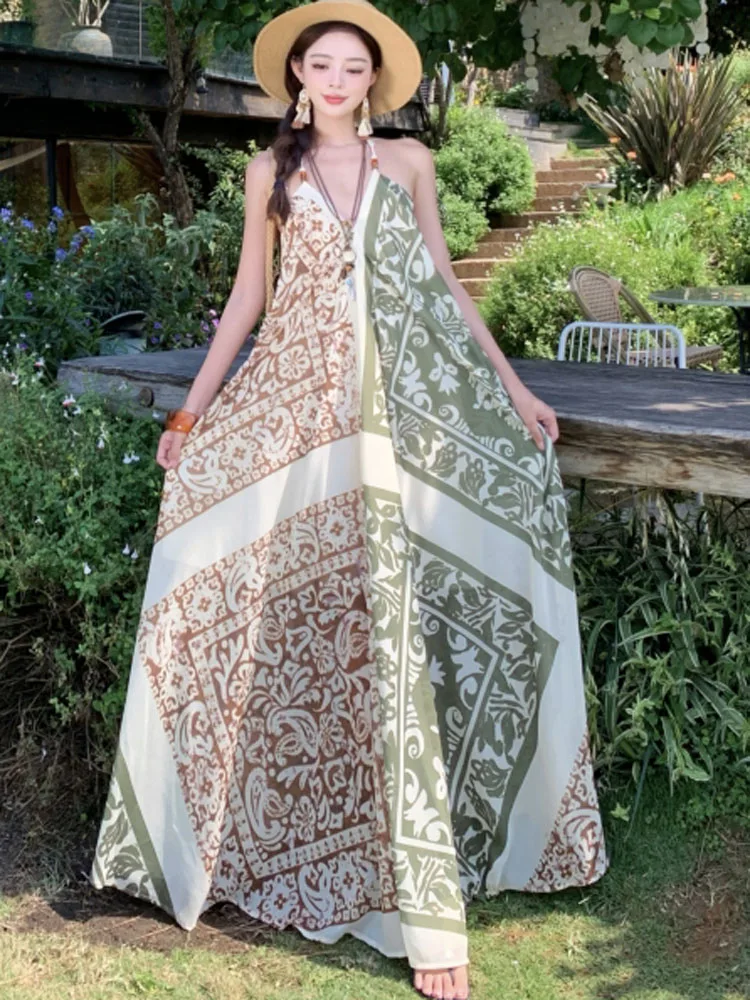 Abito lungo da vacanza Boho con stampa vintage per donna Sexy scollo a V Sling femminile 2025 Abito da spiaggia allentato casual nuova estate