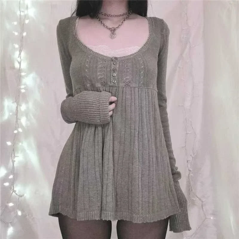 

2000s Vintage Long Sleeve Knitted Sweater Tops Pullovers Aesthetic Grunge Blouse Y2k Trendy Knitwear Women Blusa Mujer Moda
