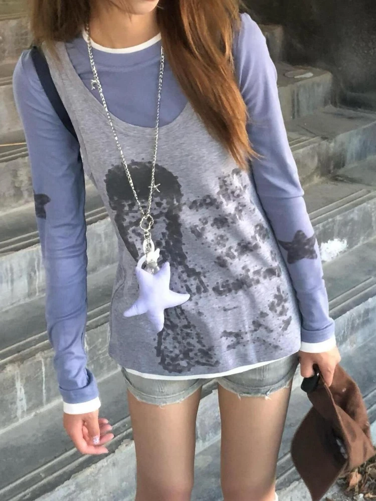 Y2K الجمالية قطعتين مجموعات المرقعة ستار الطباعة طويلة الأكمام تي شيرت خمر الكرتون سترة دون أكمام الإناث الجرونج دعوى