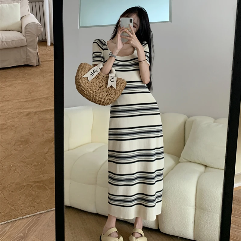 UBAU 2024 New Striped Dress Female Summer Spice Girl Short Sleeve Waist Slim Hip Skirt Long Home Clothes Pajamas Female