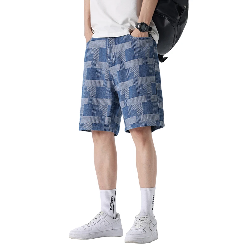 2024 Summer New Men'S Denim Shorts Fashion Loose Straight Fit Breathable Trendy Checkered Print Casual Versatile Jeans