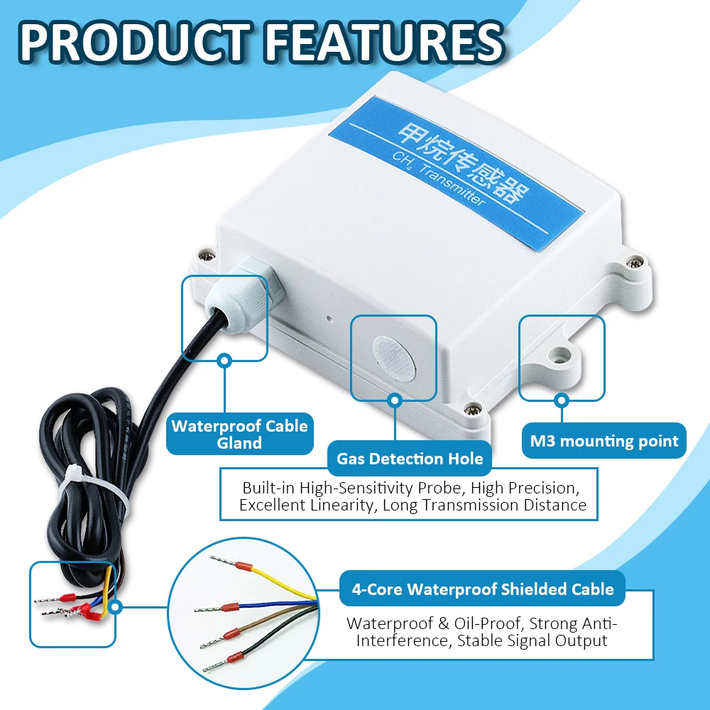 0-100ppm CH4 Gas Sensor Module High Precision Toxic Gases Transmitter Electrochemical DC12-24V Methane Concentration Detector