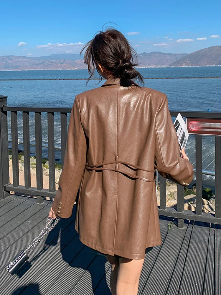 Loose Fit Brown Button Pu Leather Big Size Jacket New Lapel Long Sleeve Women Coat Fashion Tide Spring Autumn 2023