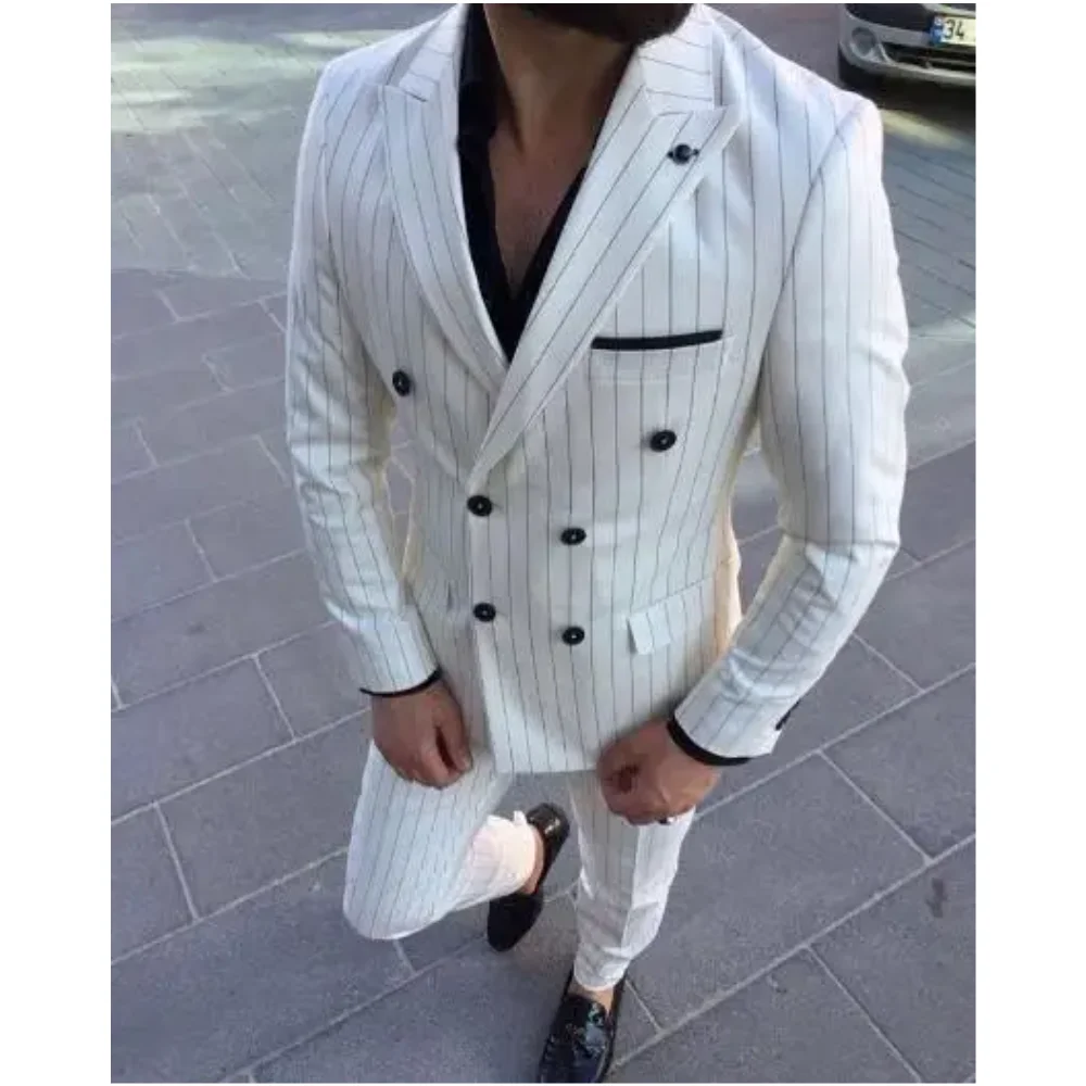 

White Stripe Men Suits Slim Fit Wedding Groom Tuxedos Suit Costume Homme Prom Mariage 2 Pcs Terno Masculino (Jacket+Pants)