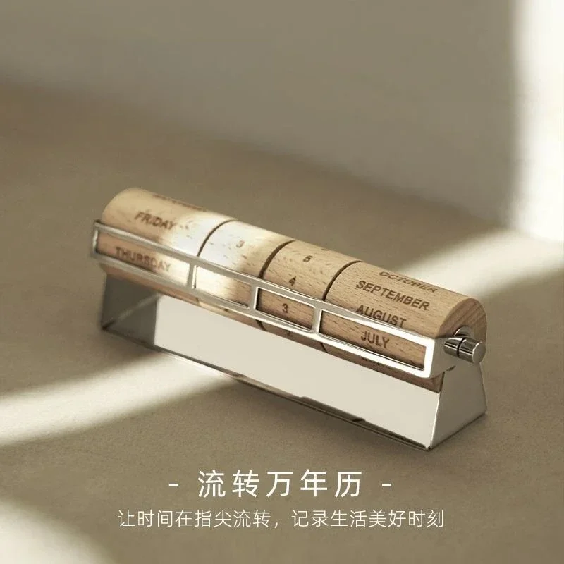 Wooden rotating perpetual calendar, stainless steel tabletop calendar ornament