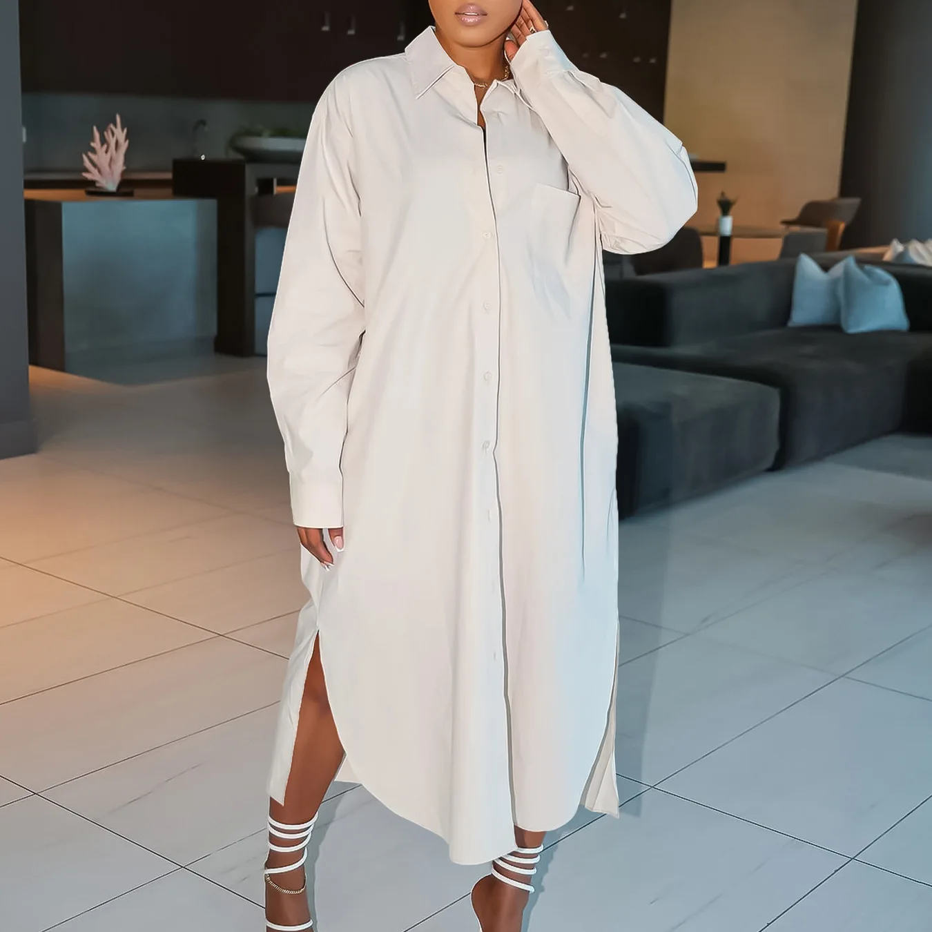 Plus Size Loose Blouse Dress Female Button Elegant Clothing Luxury Dinner Evening Long Robe 2024 Spring Women Party Dress