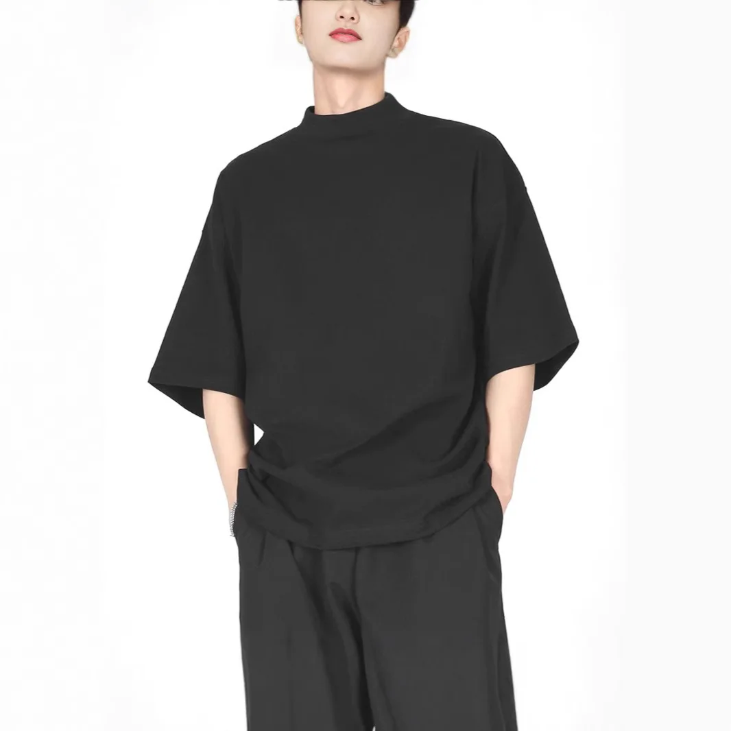 Dark Avant-Garde Mock Neck Loose 5-Pocket Short Sleeve T-Shirt Men's Casual Top