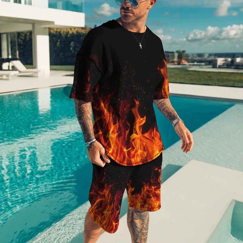 New Summer Sports Suit Men T-shirt Short Two Pieces The flame 3D Print Loose Solid Color Short Sleeve Fashion Tracksuits Set