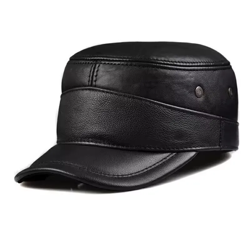 winter-men's-genuine-leather-military-hat-adjustable-warm-flat-cap-with-earmuffs-cow-skin-55-60cm-leisure-warm-hat-for-men