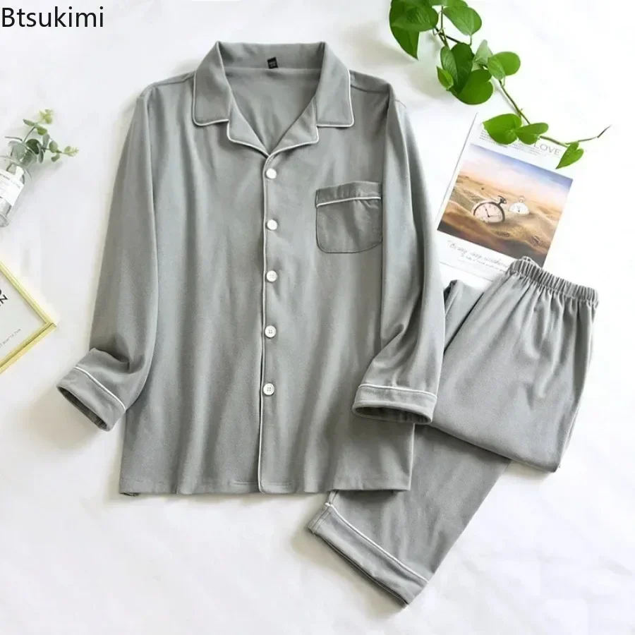2025 Men's Spring Autumn Pajama Sets 2025 Long Sleeve Shirts and Pants Sleepwear Sets Loose Breathable Velvet Home Clothing Male