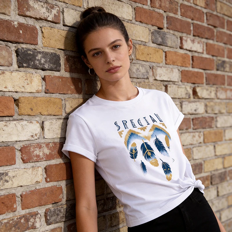 Feather Dreamcatcher Crew Neck Short Sleeve T Shirt with Letter Special Print Women's Fashion Y2k T-shirt Casual Tshirt Clothes