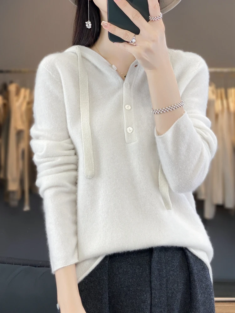 Autumn and Winter New Women's 100% Pure Merino Wool Hooded Casual Pullover Wool Sweater Seamless Knitted on One Side