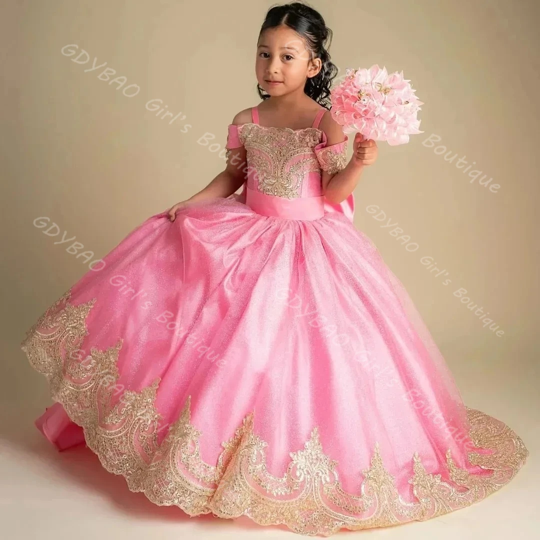 

Платье с цветочным узором для девочек с золотыми аппликациями, От 2 до 14 лет, детское бальное платье с заниженными плечами, платье принцессы для свадебной вечеринки, платье для первого причастия, платья на заказ