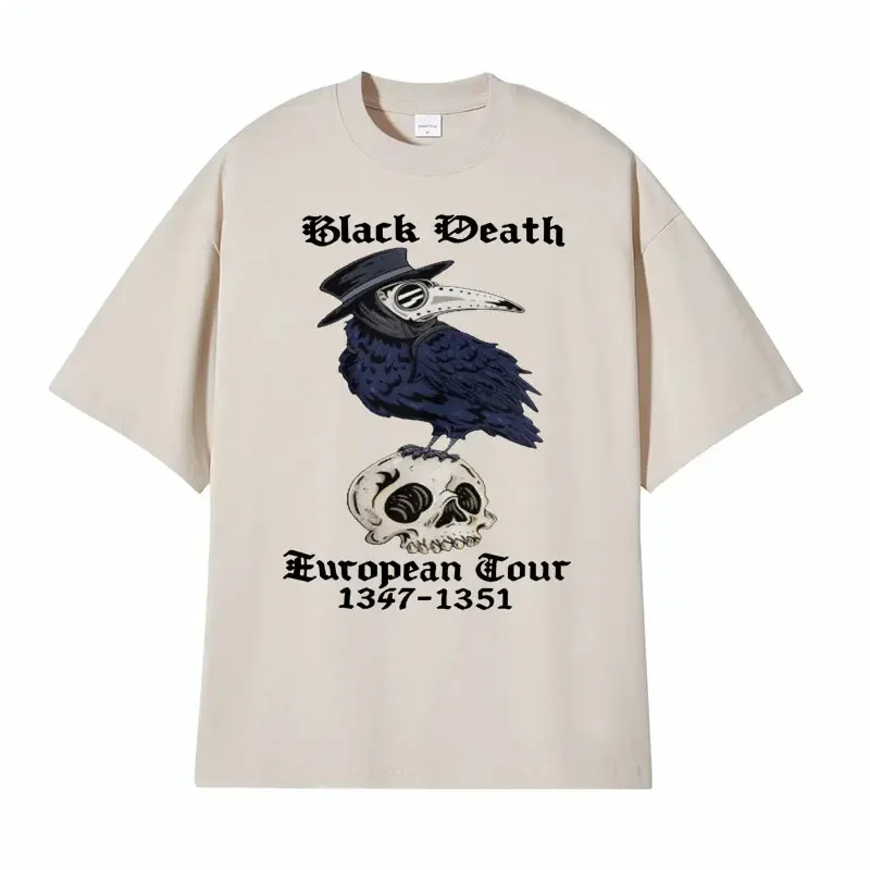 Join The Black Death European Tour with Our Raven Plague Doctor Crow Funny Meme TShirt for Men Harajuku Oversized Cotton T-shirt