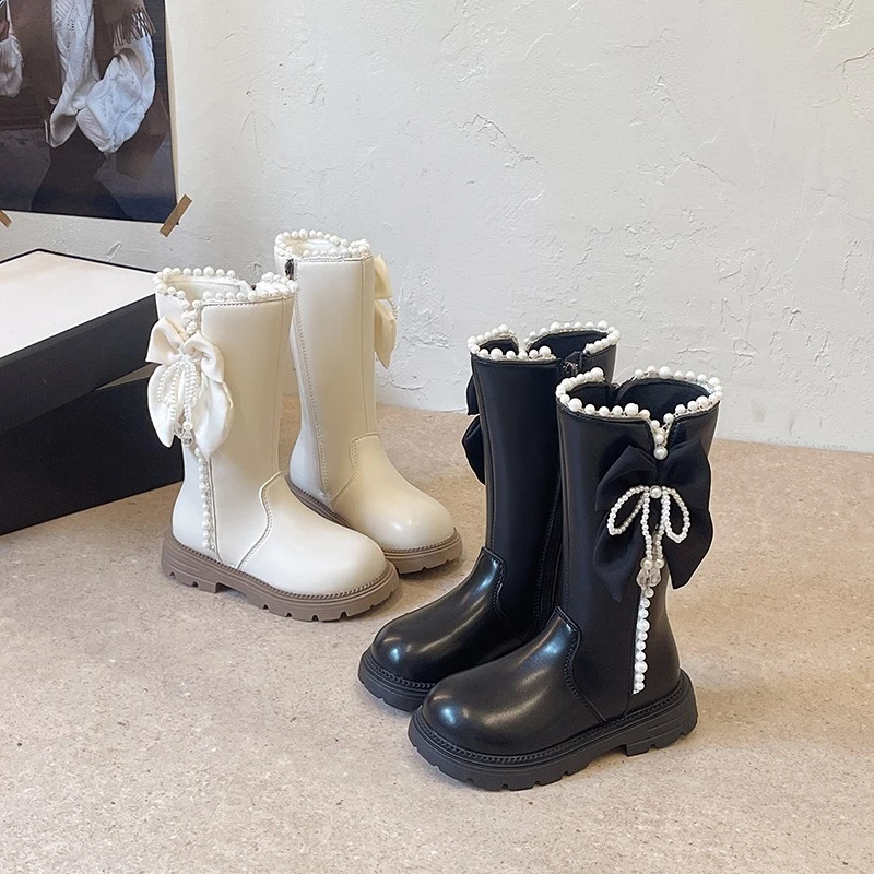 Autumn Winter Girls Pearl Mid-Calf Boots Big Bow Side Zipper Chunky Children Fashion Boots Non-slip Kids Princess Catwalk Boots