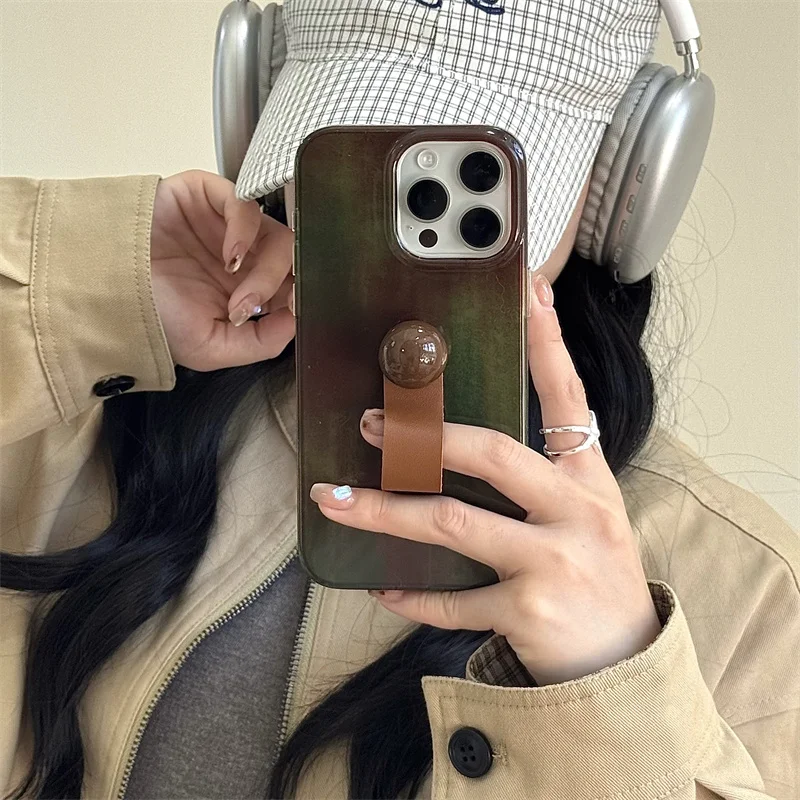 

Gradient Greenish-brown Phone Case For iPhone 17 Pro 14 16 15 Pro Max Cover with Ring Shockproof Cute Protective Cases
