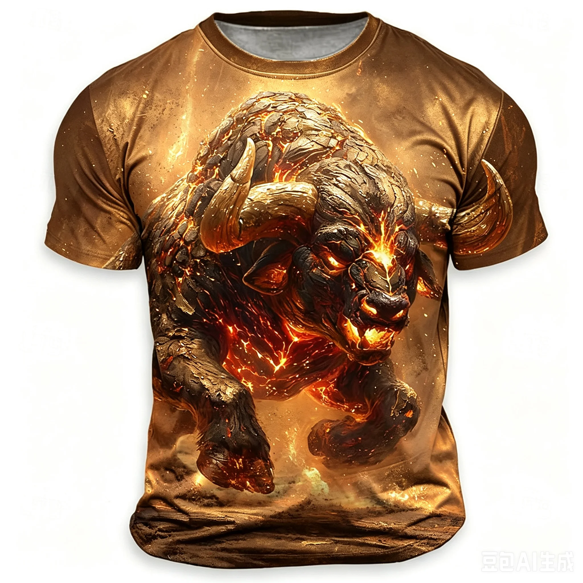 Fiery Lava Bull 3D Full Print Crew Neck T-Shirt Men Cool Mythical Beast Graphic Short Sleeve Tee Streetwear Casual Daily Top