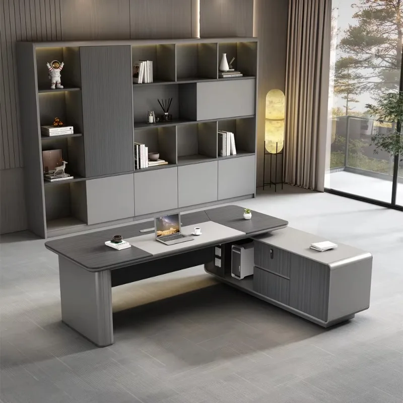 Meja Kerja Kayu Bentuk L Berkualitas Tinggi Desain Modern untuk Eksekutif, Fitur Konvertibel untuk Bos