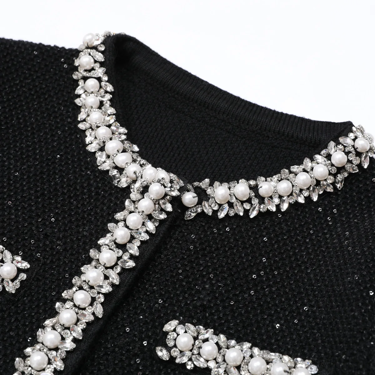 LEOSOXS Vestido feminino elegante de malha preto pérola e diamante detalhando bainha queimada para sofisticação de luxo sofisticada atemporal 2025