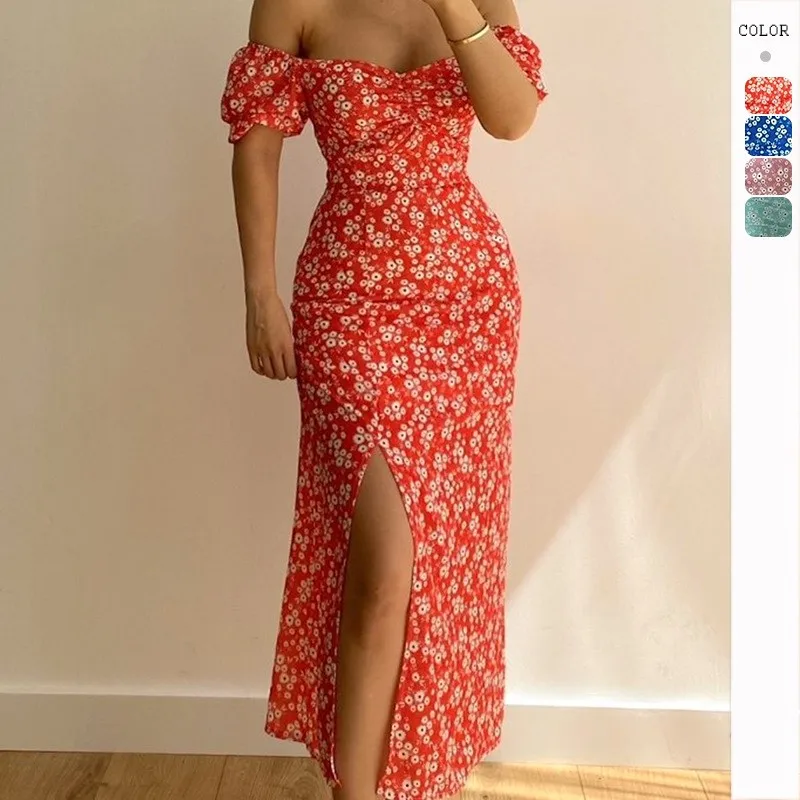 Fashion Womens Long Dress Lady 2025 Summer Split Temperament Floral Dress Vestidos De Gala Elegante 2024 Robe Longue Femmes Robe