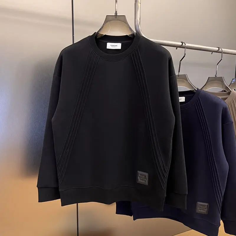 Autumn Winter Heavyweight Fleece Crew Neck Sweatshirt Men's Design Texture Casual Pullover Top