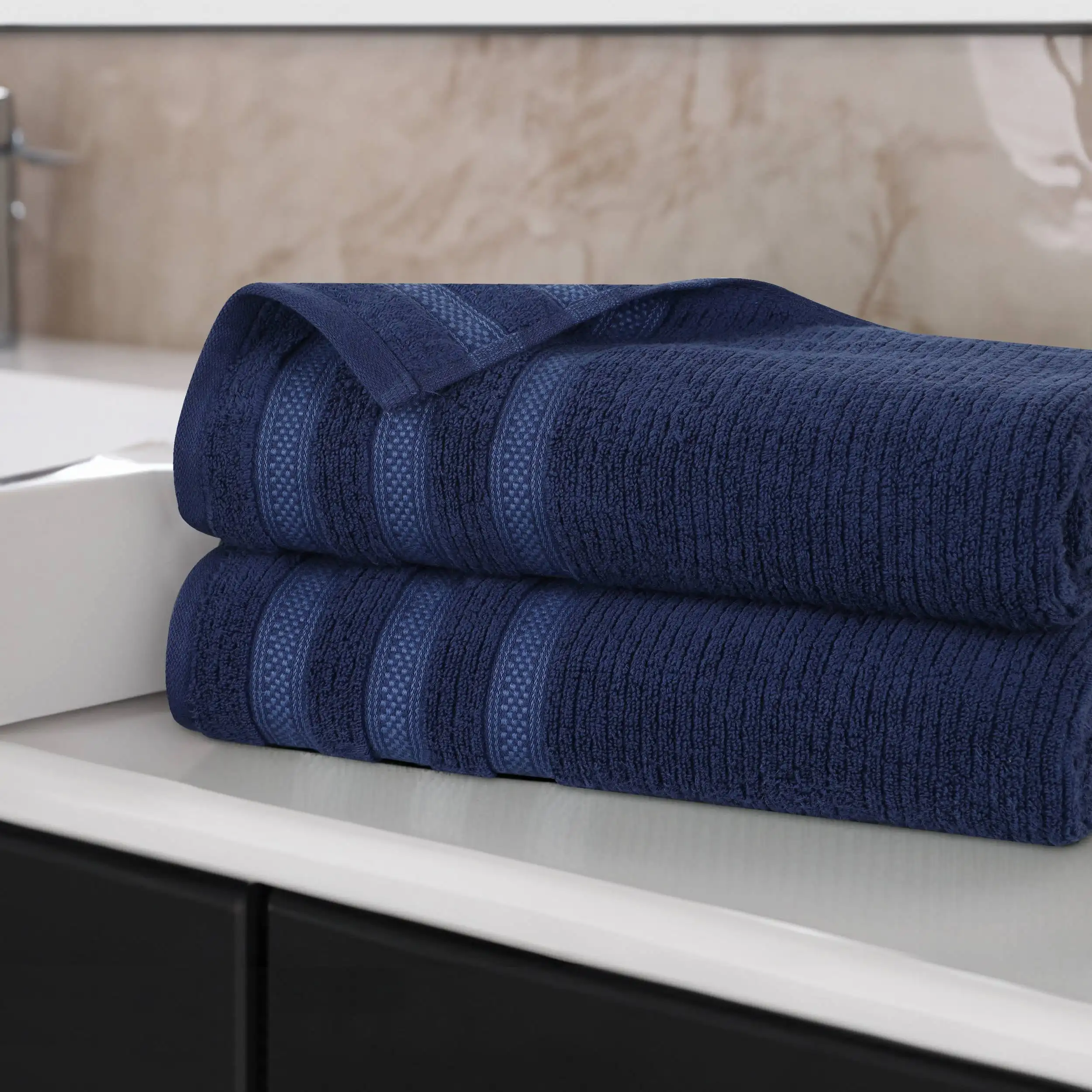 

Zero Twist Cotton Ribbed Geometric Bath Sheet Set of 2, Navy Blue