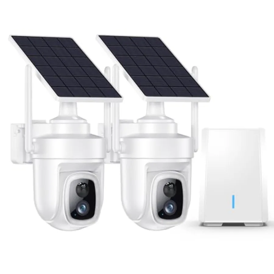 Outdoor 4K wireless security cameras system with solar power, black metal housing, local storage base, no subscription needed,