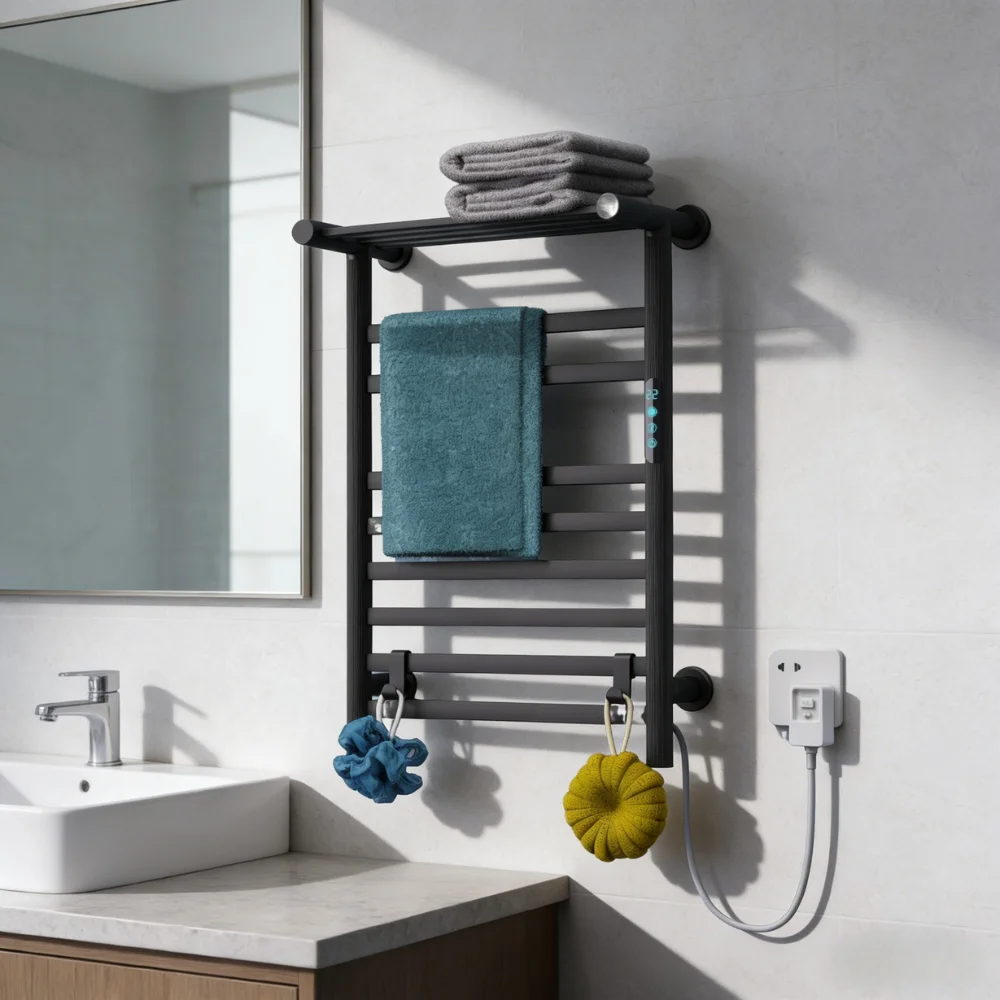 Smart electric towel rack 1.2M power cord heated towel rack, wall-mounted matte black electric towel rack
