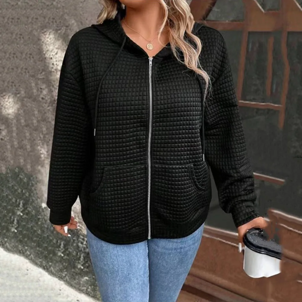 

Spring And Autumn 2024 Waffle Hooded Drawstring Long Sleeve Sweatshirt Casual Zipper Jacket Fashion ShortWindbreaker Women