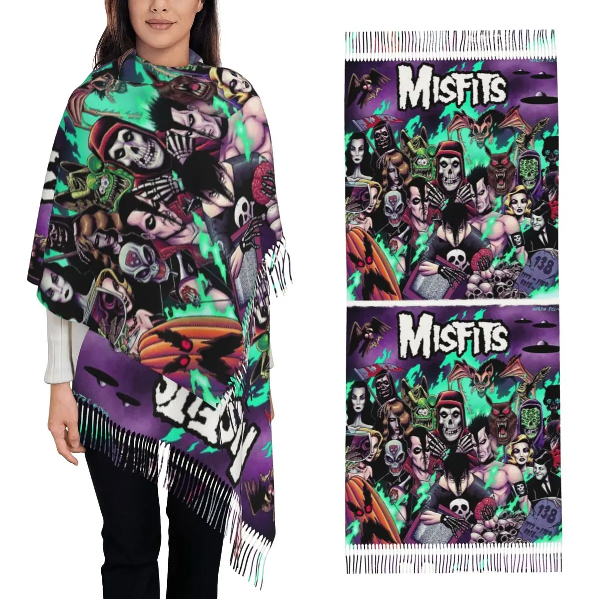 

Тяжелый металлический шарф Misfits с черепом, шарфы с кисточками для женщин, мягкие теплые шали и накидки, большая осенне-зимняя шаль