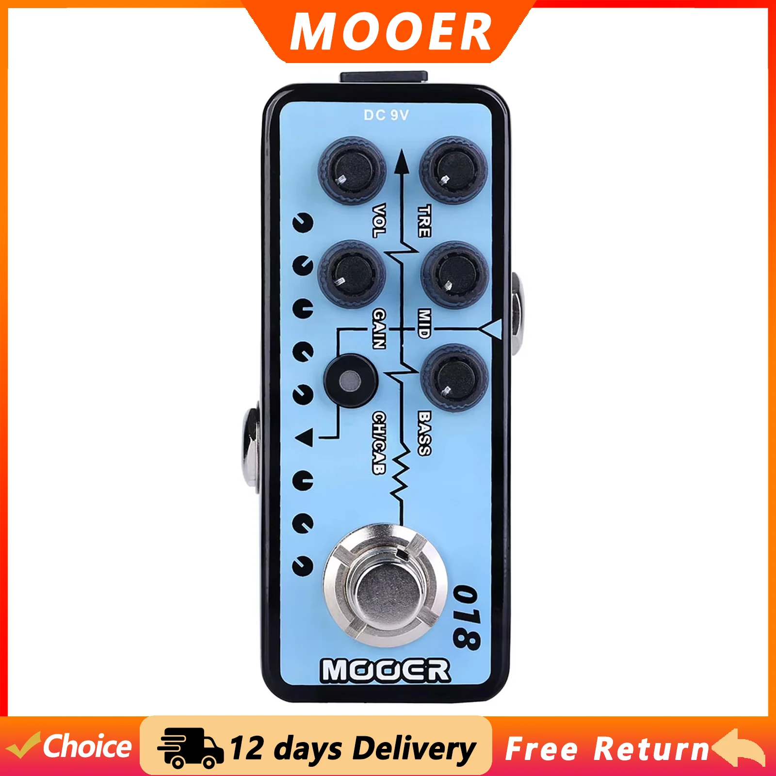MOOER 018 Custom 100 Electric Guitar Digital Preamp Effect Pedal Cabinet Simulation Dual Channels 3-Band Gain Guitar Pedal
