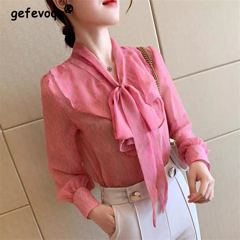 Women\'s Elegant Ruffle Bow Lace Up Sweet Chic Shirts 2023 Spring Autumn Korean Fashion Print Long Sleeve Slim Top Blouse Blusas