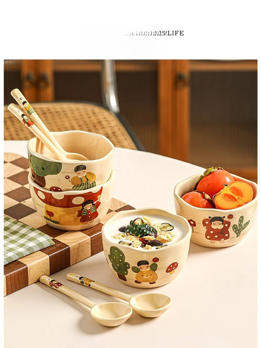 

Tlife Velveta Cerc подглазурная цветная миска для риса, обеденная посуда для пар, круглая посуда с мультяшным узором в стиле ретро