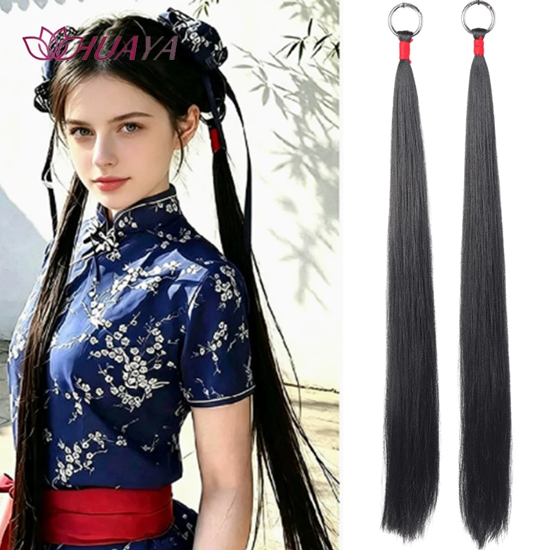 Women's silver ring double ponytail straight hair wig, synthetic fiber, simple to wear and suitable for everyday and cos wear.