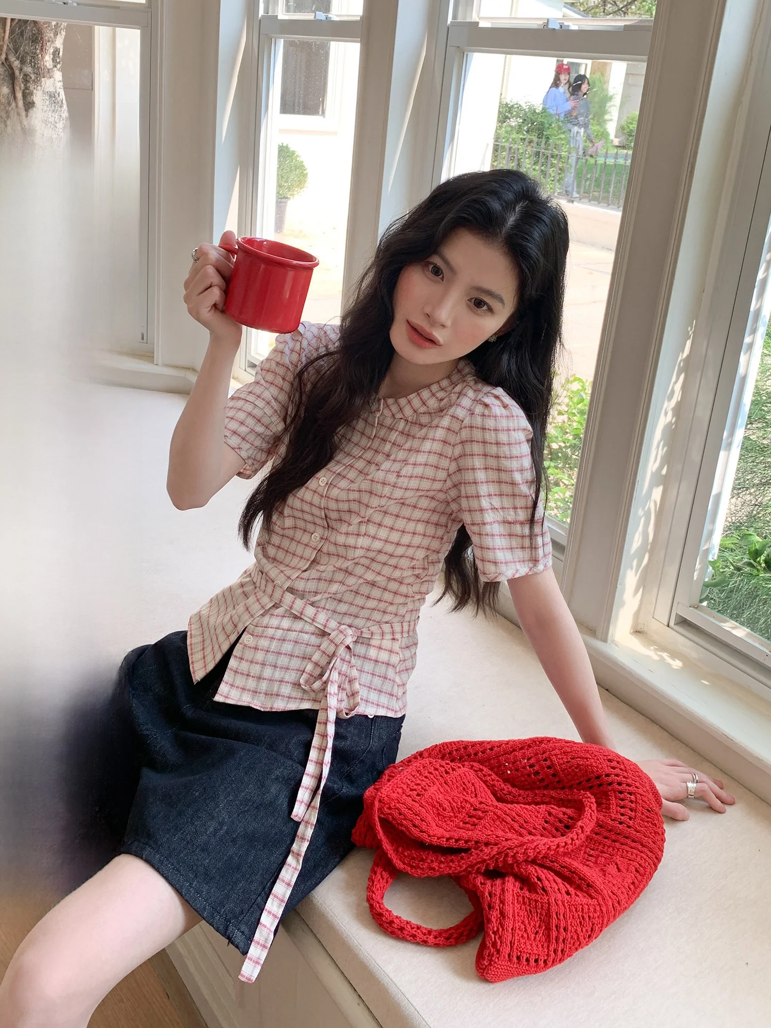 

Korean Style Plaid Short Sleeve Shirt Women's Summer 2026 New Belted Waist Shirt Beautiful Korean Style Top Fashionable Bubbl...