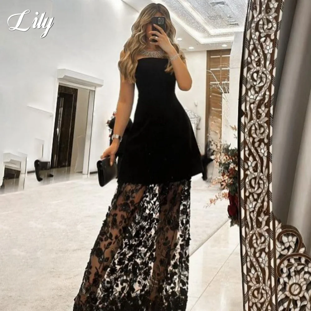 

Лилия сексуальное черное платье для выпускного вечера без бретелек с кружевными рюшами вечерние платья трапециевидной формы многослойное плиссированное вечернее платье без рукавов по индивидуальному заказу