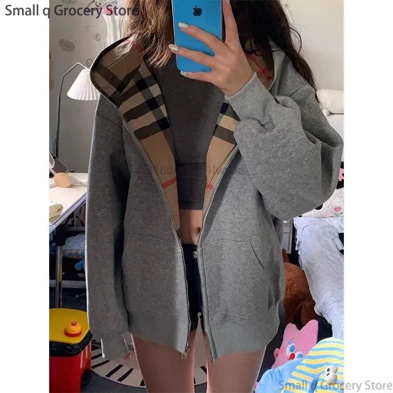 American Vintage Plaid Hooded Sweatshirt Cardigan Women's Oversize Idle Style Jacket 2024 Spring Autumn New Arrival Sleeveless