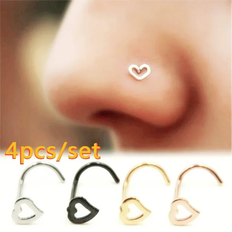 Delysia King 4pcs Trendy Women Love Nose Studs Medical Stainless Steel High Grade Jewellery for Party