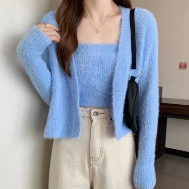 Autumn 2024 New 2pc Cardigans Vest Sets Women Knitted Sleeveless Sexy Camisole Fashion Casual Female Stretch Cardigan Coat