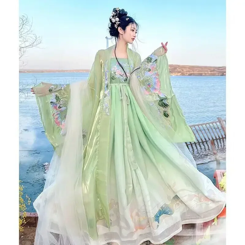 

Китайское платье Hanfu, Женский традиционный винтажный костюм, летний костюм Hanfu с градиентом, зеленый, розовый, синий, 3 шт. в комплекте