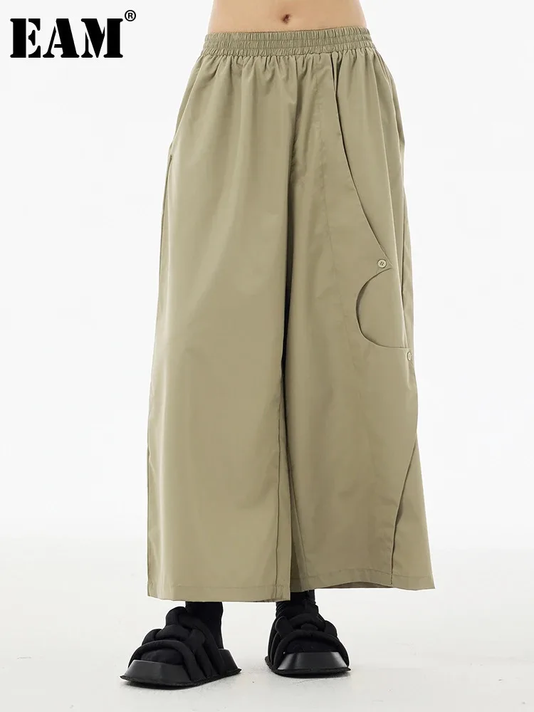 

[EAM] High Elastic Waist Khaki Irregular Button Wide Leg Pants New Trousers Women Fashion Tide Spring Autumn 2024 1DH5684